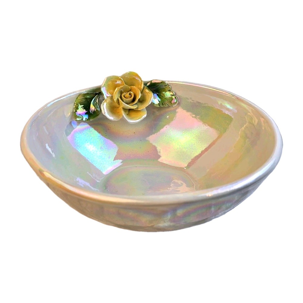 Vintage Capodimonte Made‎ In Italy Iridescent Rose Trinket Dish Bowl